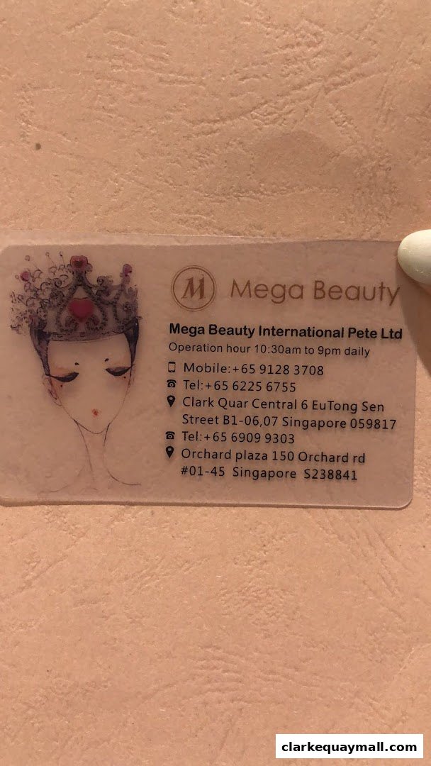 A business card for Mega Beauty featuring a stylized illustration of a woman with a crown.