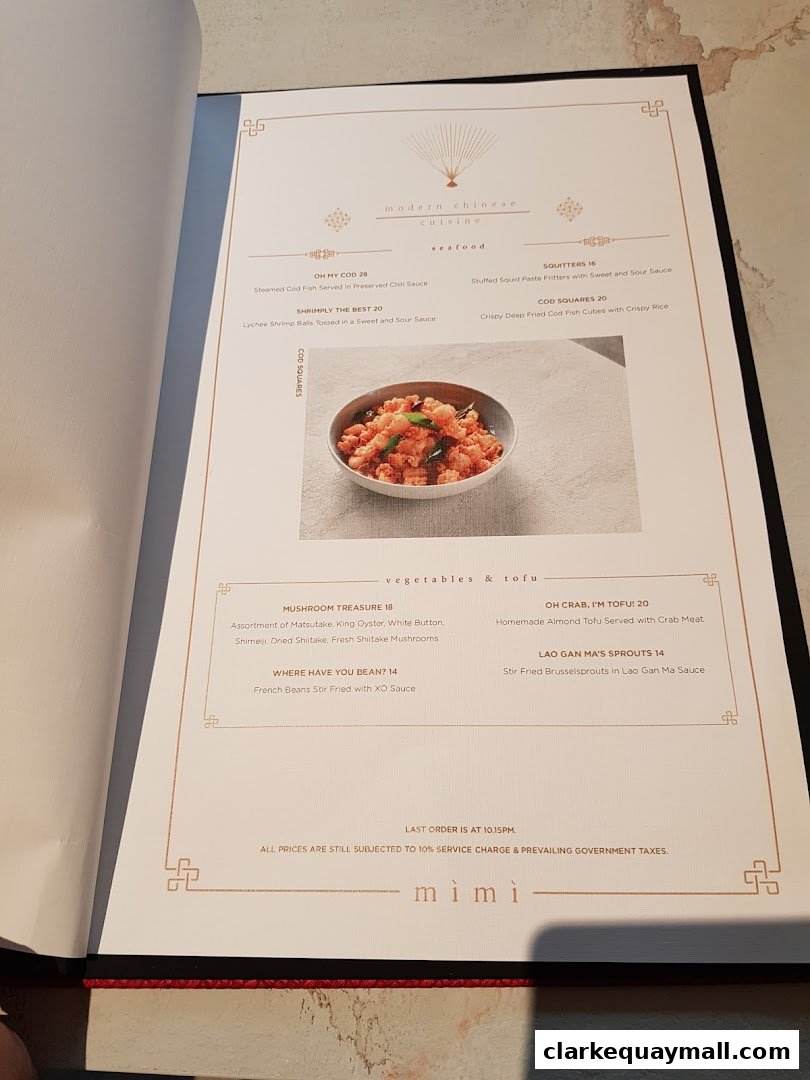 A menu from Mimi Restaurant featuring modern Chinese cuisine with seafood and vegetable dishes.