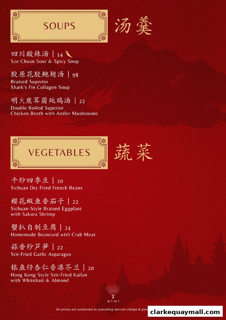 A menu from Mimi Restaurant featuring soups and vegetable dishes with prices.