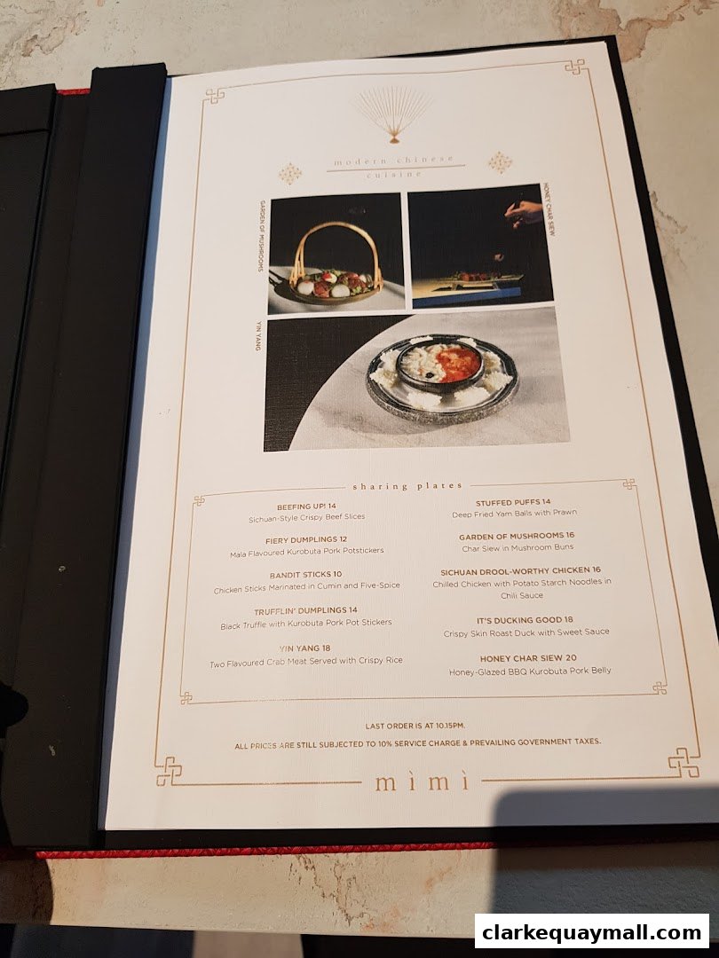 A menu from Mimi Restaurant showcasing modern Chinese cuisine with various dishes and prices.