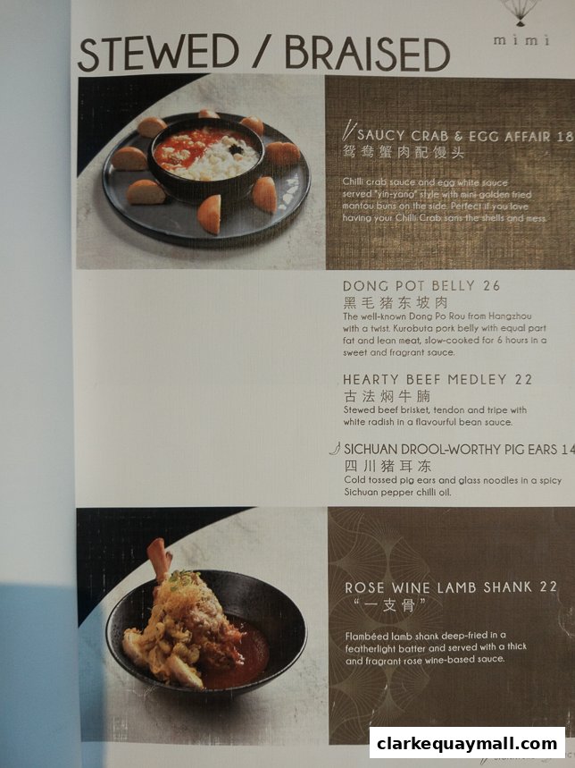 A menu featuring stewed and braised dishes from Mimi Restaurant.