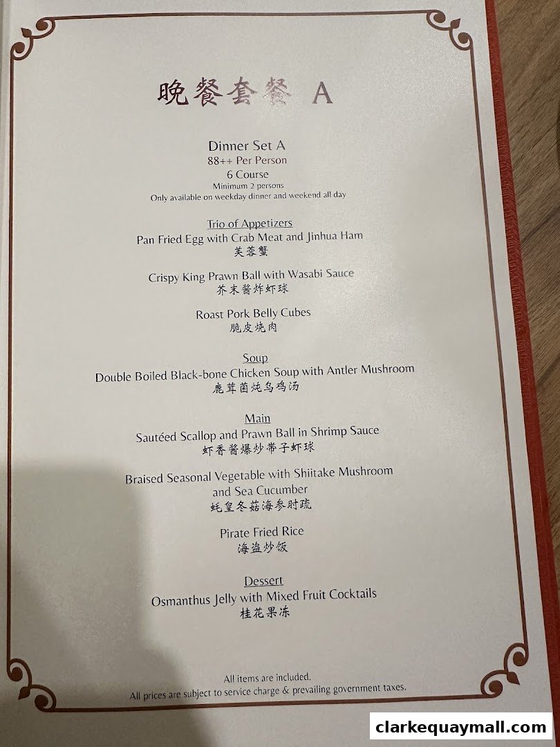 A menu for Dinner Set A at Mimi Restaurant, featuring appetizers, soup, main courses, and dessert.