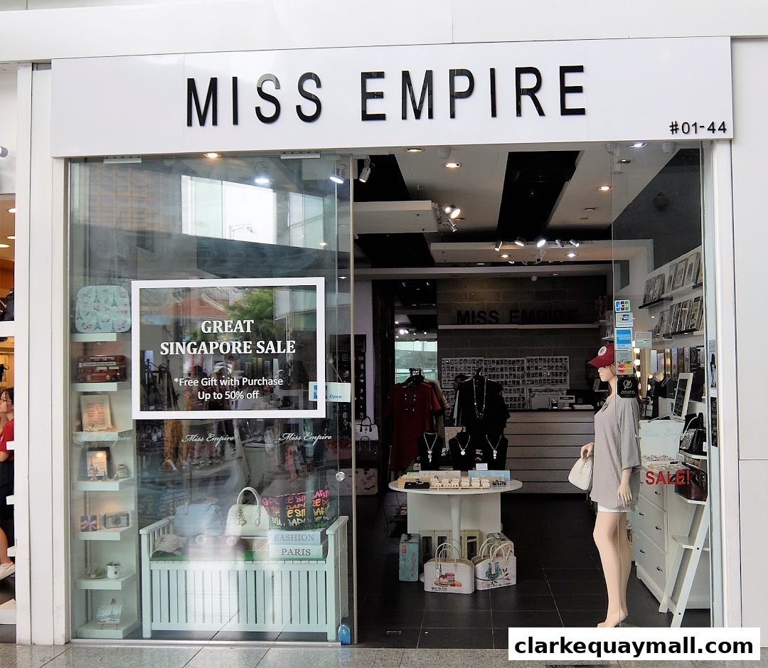 The storefront of Miss Empire, featuring a "Great Singapore Sale" with up to 50% off.