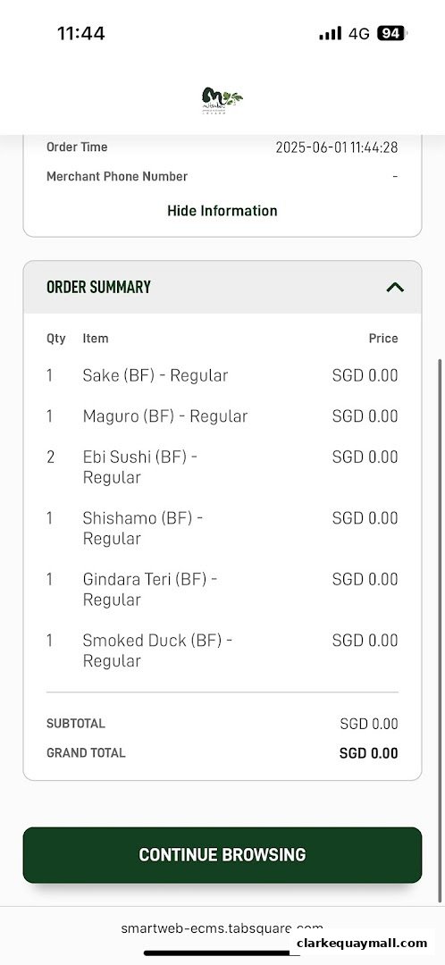 An order summary screen for Mitsuba Japanese Restaurant showing various sushi and sake items.