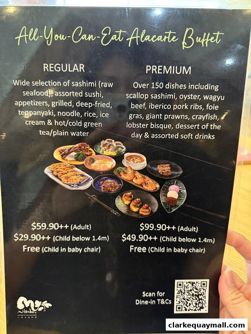 A menu for Mitsuba Japanese Restaurant's All-You-Can-Eat Alacarte Buffet with Regular and Premium options.