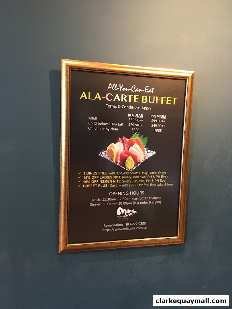 A framed menu for Mitsuba Japanese Restaurant's All-You-Can-Eat Ala-Carte Buffet.