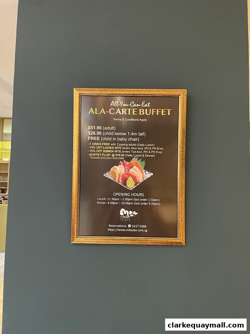 A framed menu for Mitsuba Japanese Restaurant's All-You-Can-Eat Ala-Carte Buffet.