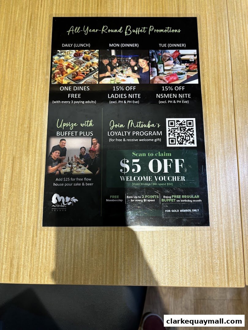 A promotional flyer for Mitsuba Japanese Restaurant's buffet deals and loyalty program.