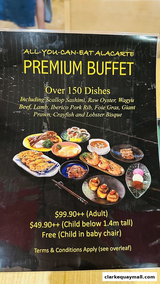 A menu for a premium all-you-can-eat alacarte buffet with over 150 dishes.