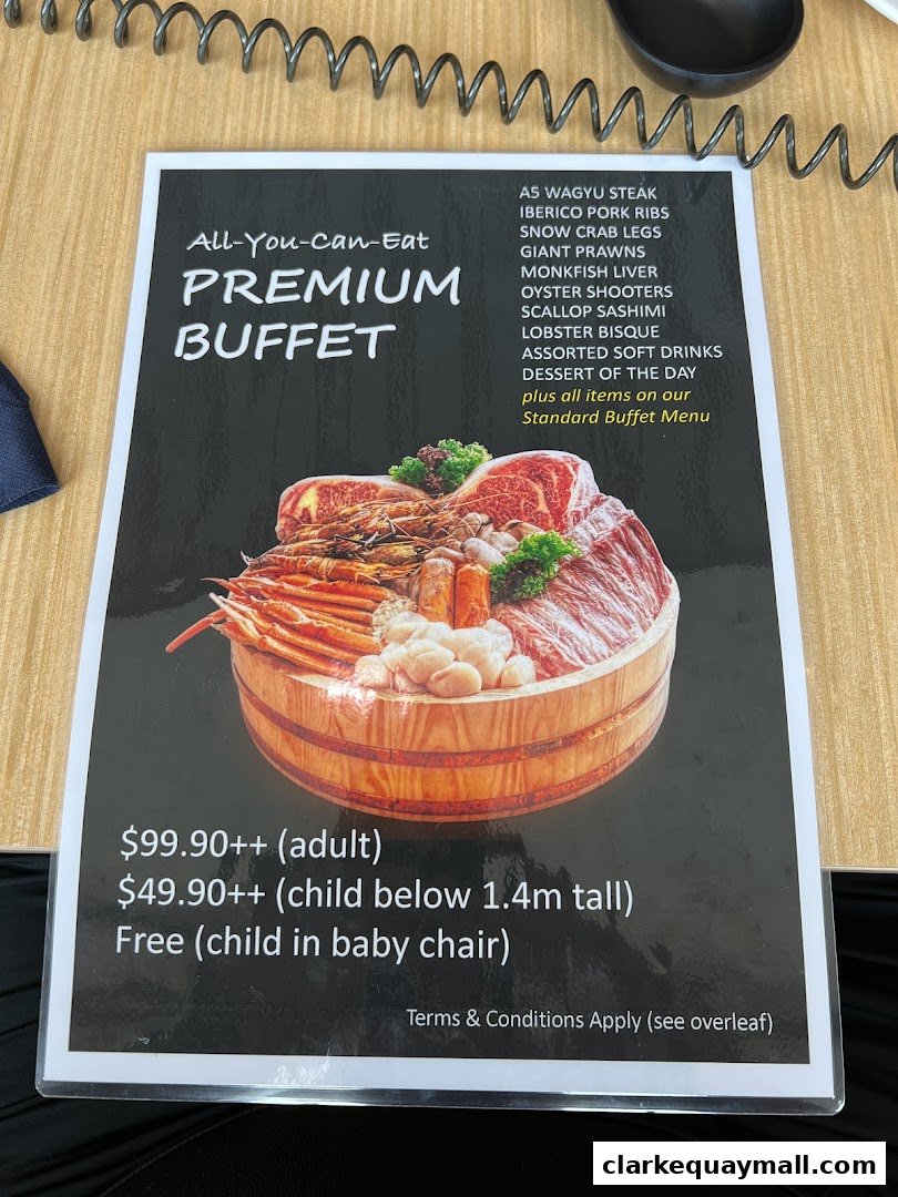 A menu for an all-you-can-eat premium buffet featuring various seafood and meats.