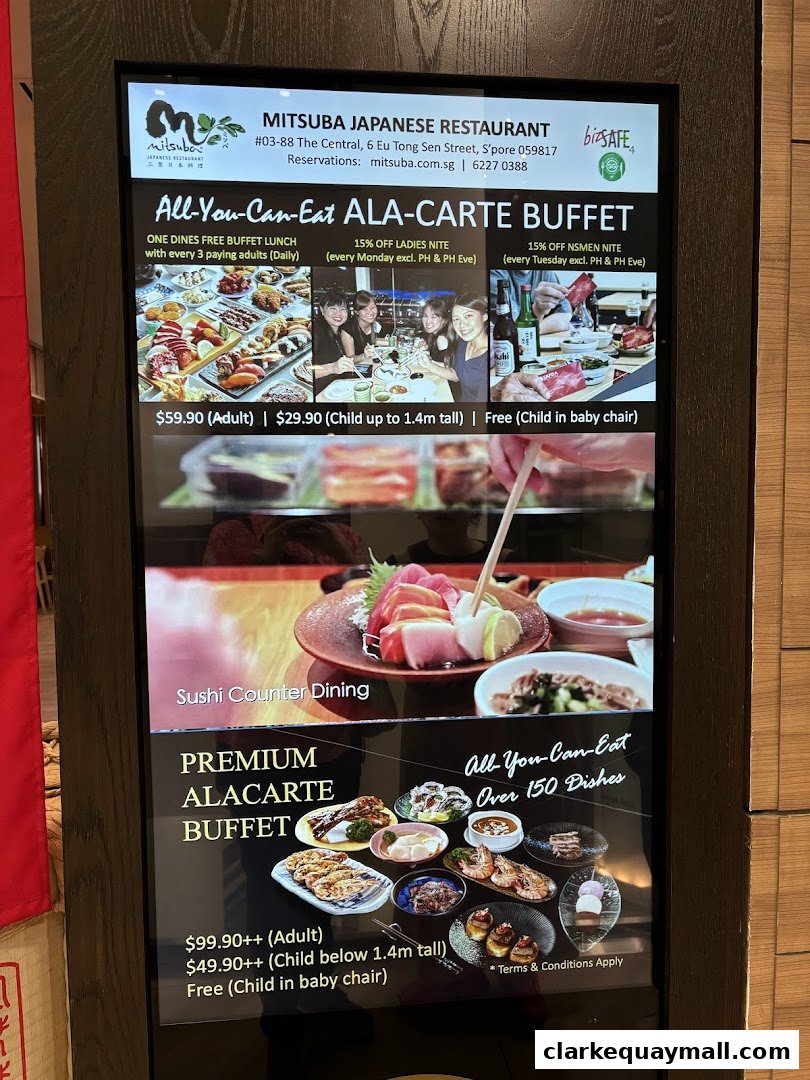 A digital menu board for Mitsuba Japanese Restaurant showcasing their all-you-can-eat buffet options.