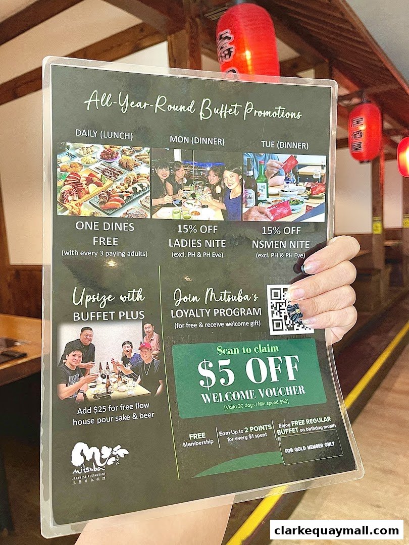 A menu showcasing buffet promotions, loyalty program, and special offers at Mitsuba Japanese Restaurant.