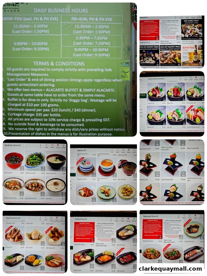 Collage of digital menus showcasing various Japanese dishes and restaurant information.