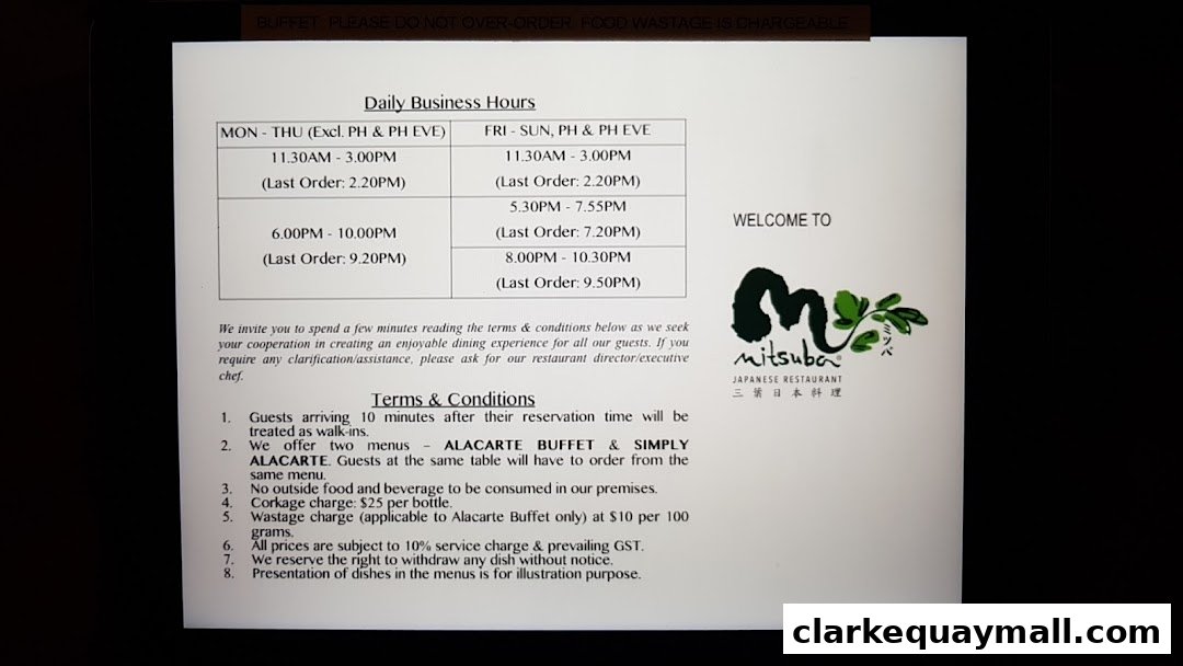 A document displaying business hours, terms and conditions, and the Mitsuba Japanese Restaurant logo.