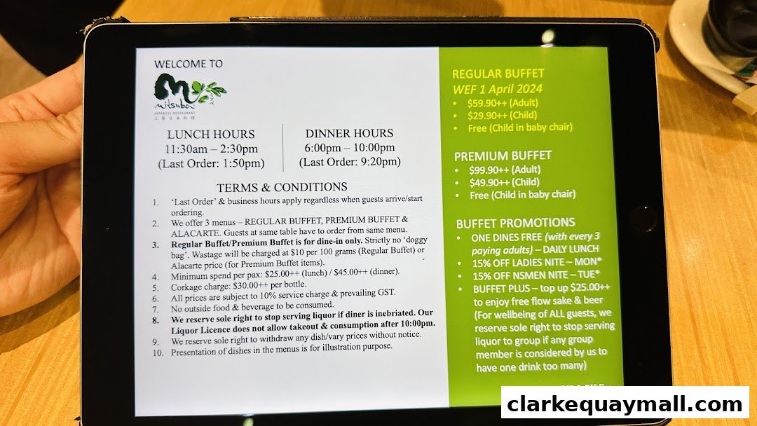 A tablet displays the menu and terms for Mitsuba Japanese Restaurant.