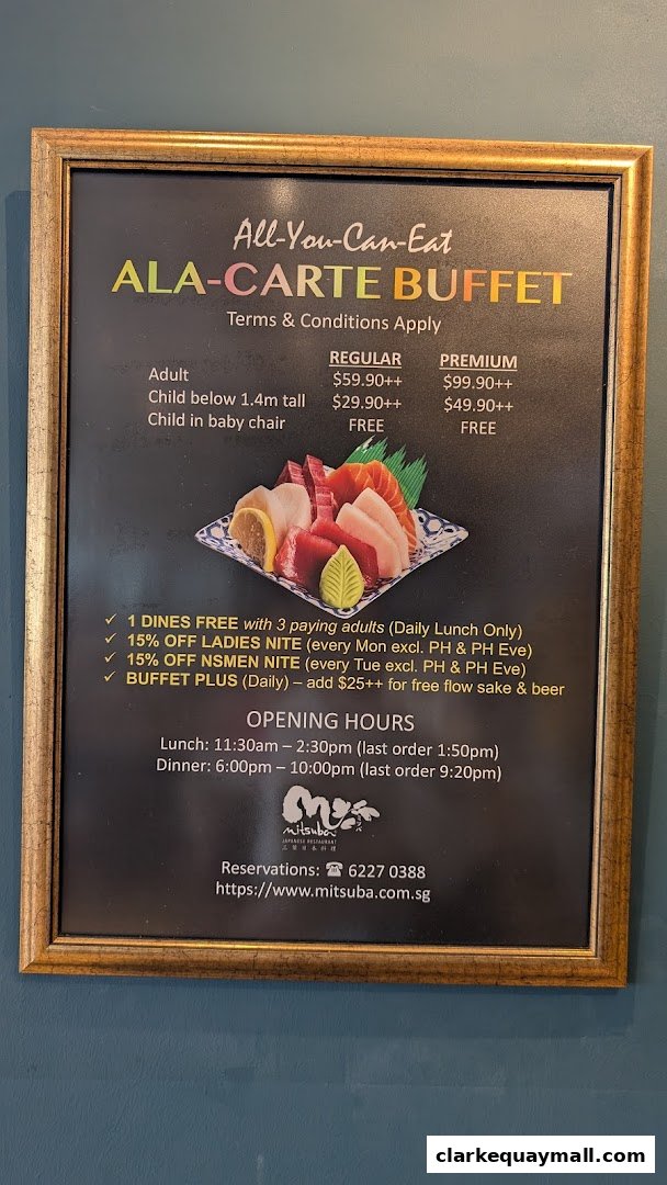 A menu board for Mitsuba Japanese Restaurant's All-You-Can-Eat Ala-Carte Buffet.