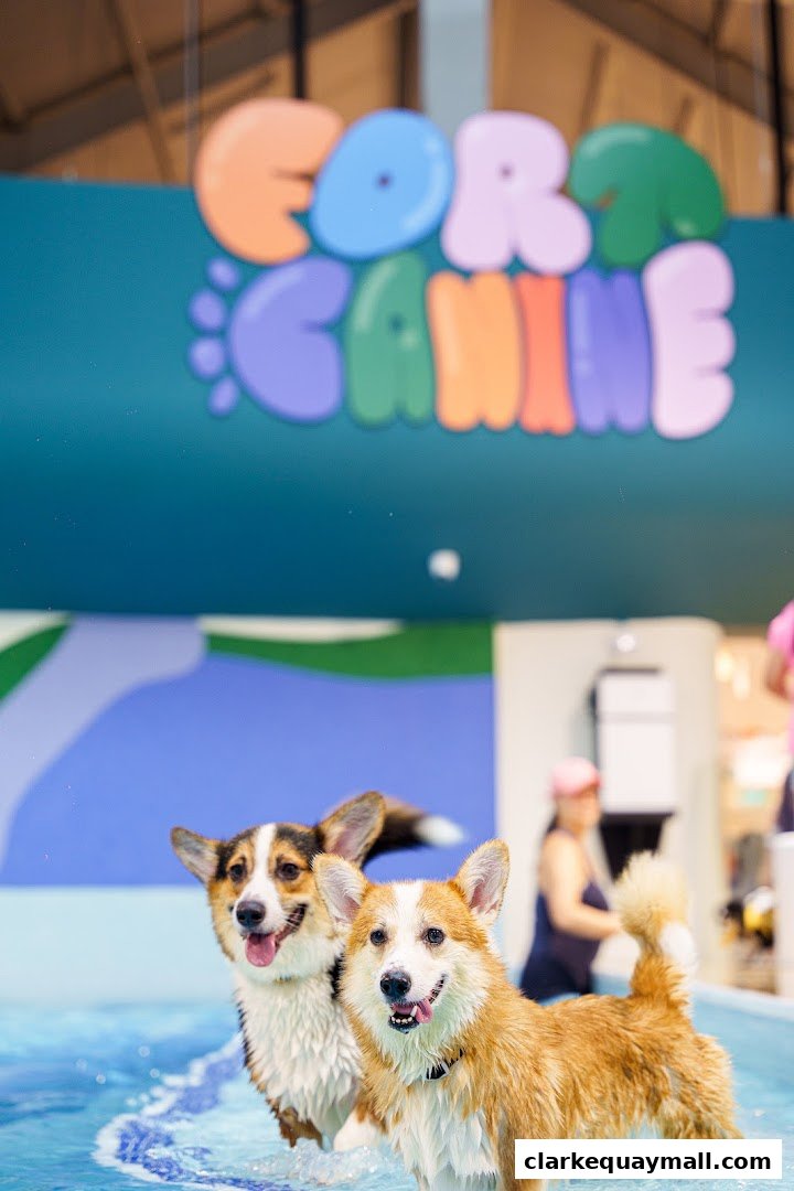 Two happy Corgis are playing in a pool with a colorful sign above.