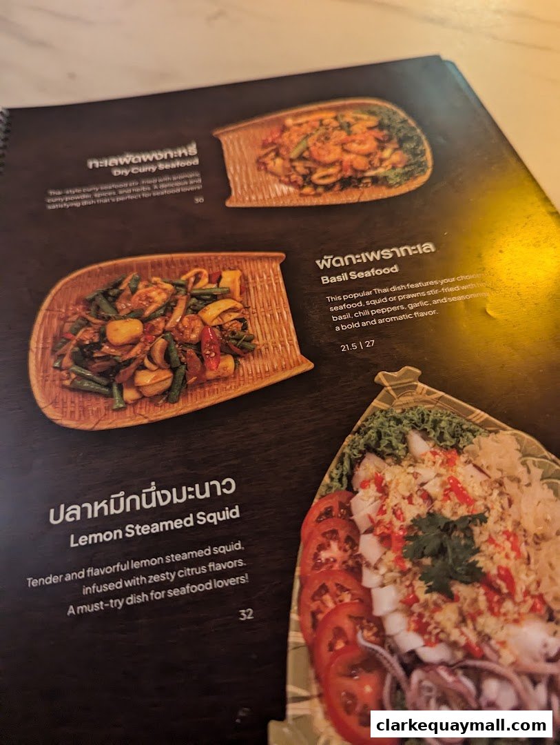 A menu from Nana Thai Royale Clarke Quay featuring seafood dishes.