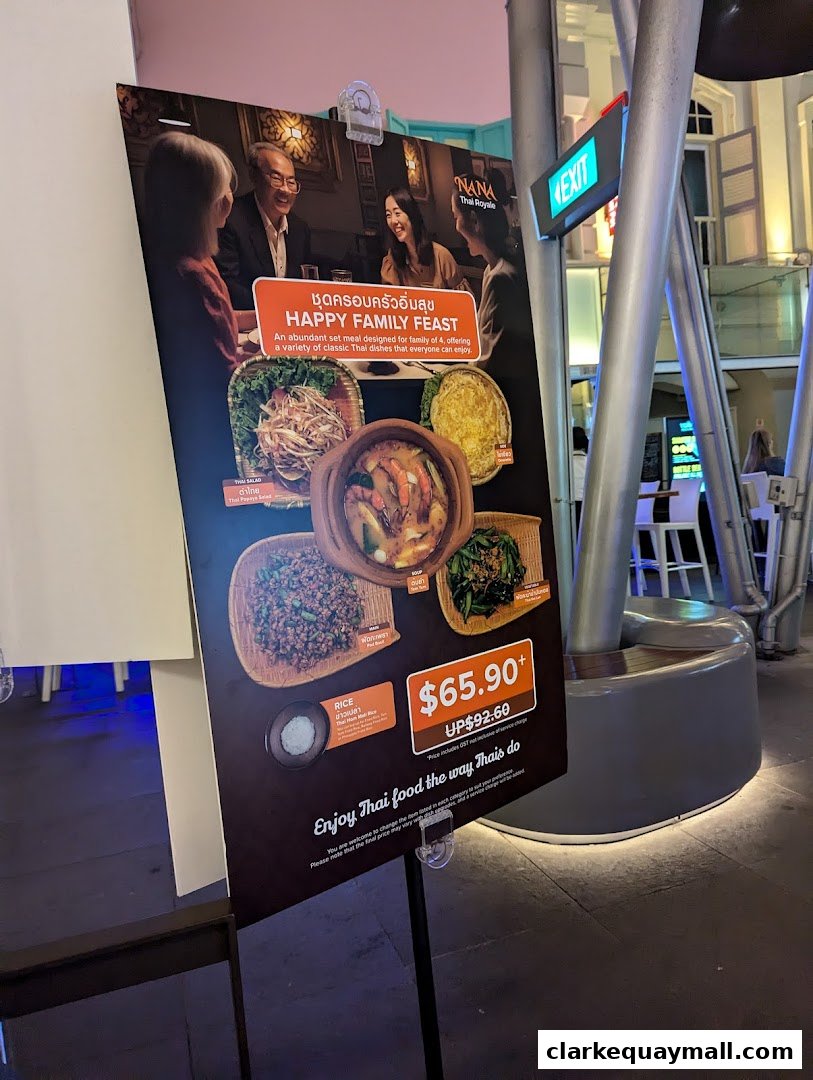 A promotional poster for Nana Thai Royale's Happy Family Feast, showcasing various Thai dishes.