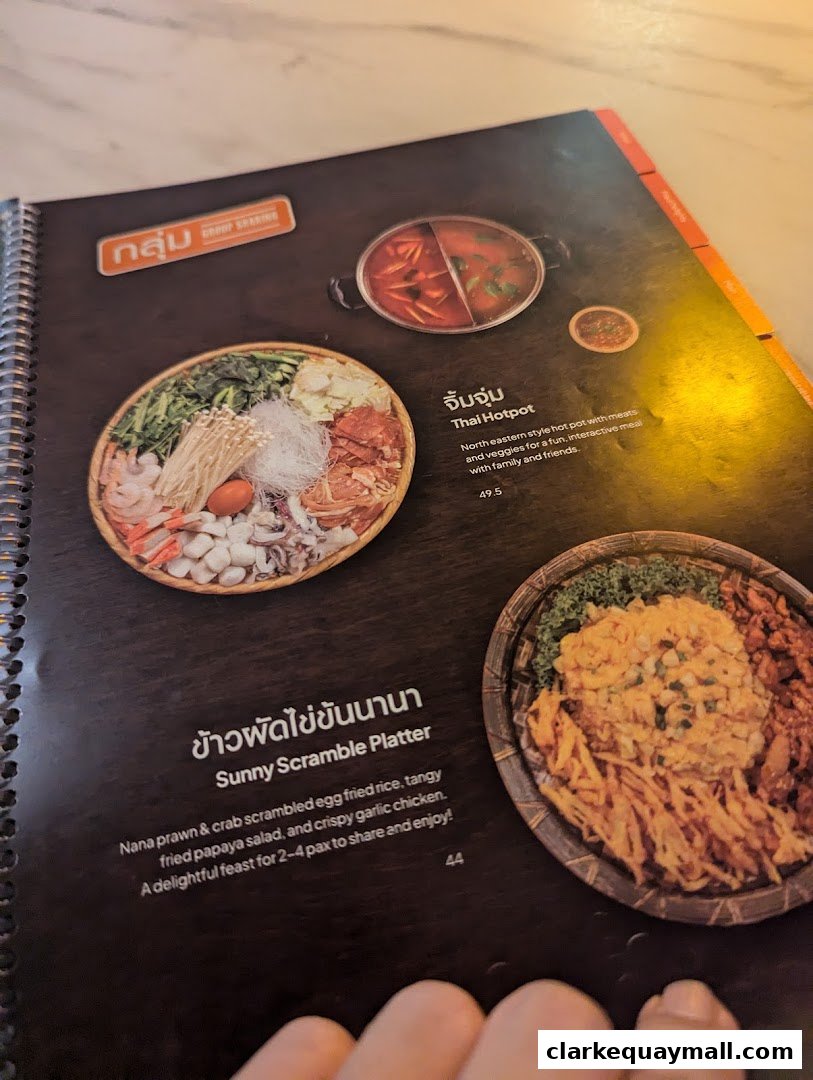 A menu page from Nana Thai Royale featuring Thai Hotpot and Sunny Scramble Platter.