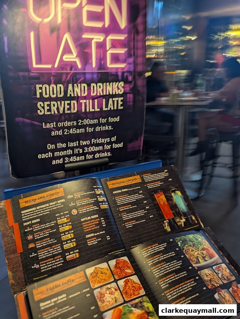 A menu for Nana Thai Royale Clarke Quay, featuring beers, ciders, cocktails, and pasta dishes.