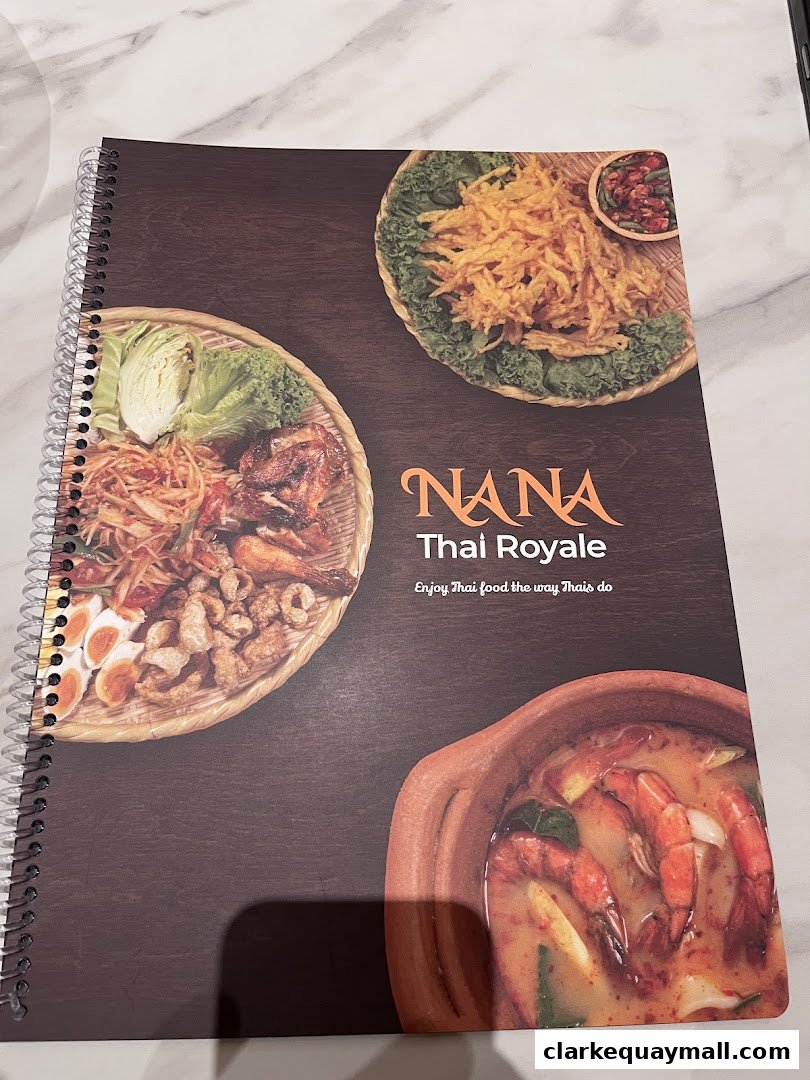 A menu for Nana Thai Royale featuring images of Thai dishes like papaya salad and tom yum soup.