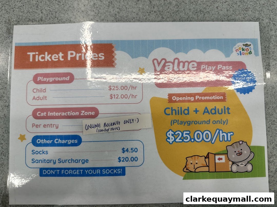 A price list for Nekoland By The Polliwogs, detailing playground and cat interaction zone costs.