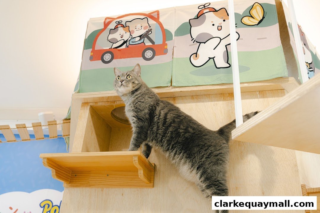 A grey cat stands on a wooden platform with cartoon cat decorations in the background.