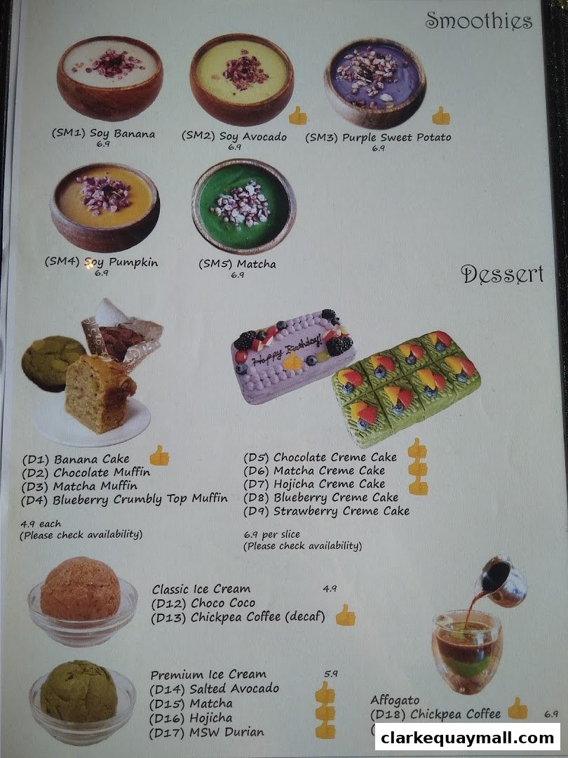 A menu showcasing smoothies, desserts, ice cream, and affogato with appealing visuals.