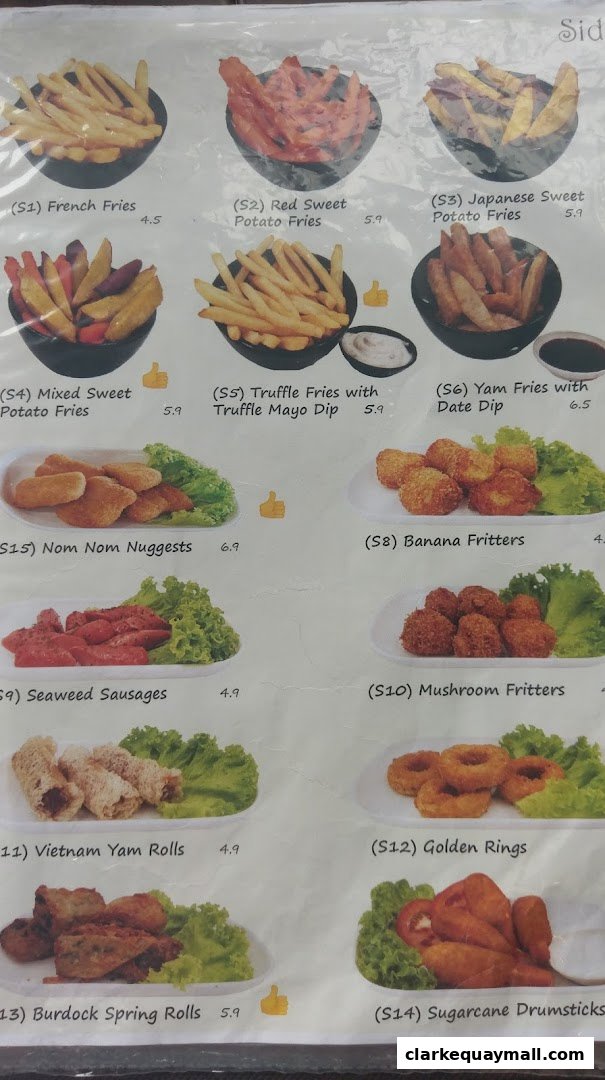 A menu featuring various fried items like fries, nuggets, fritters, and rolls with prices.