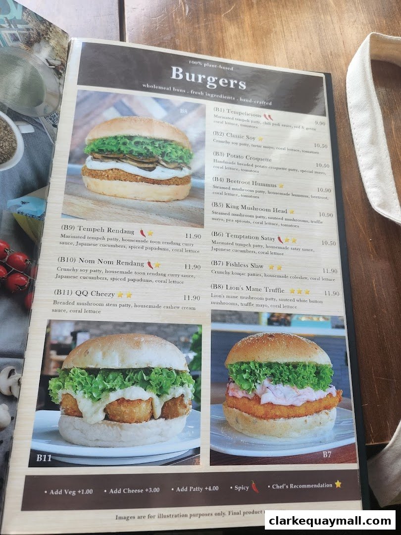 A menu page showcasing various 100% plant-based burgers with descriptions and prices.