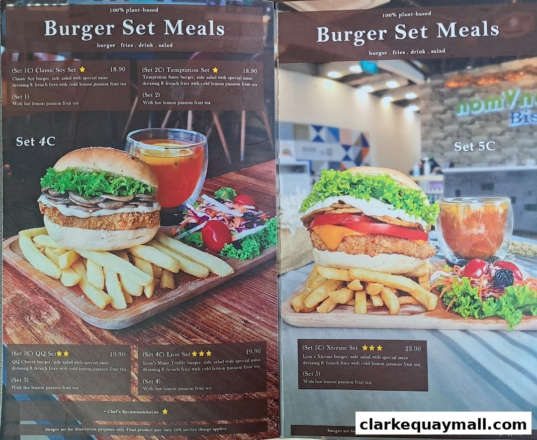 A menu showcasing plant-based burger set meals with fries, salad, and passion fruit tea.