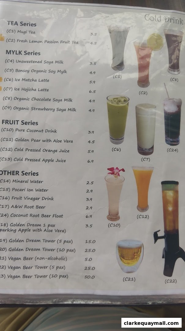 A menu featuring various cold drinks including tea, milk, fruit, and other series with prices.