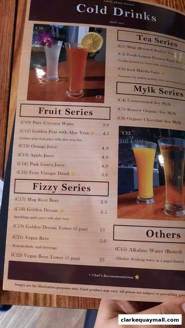 A menu page from nomVnom Bistro featuring cold drinks, including fruit, fizzy, tea, and mylk series.