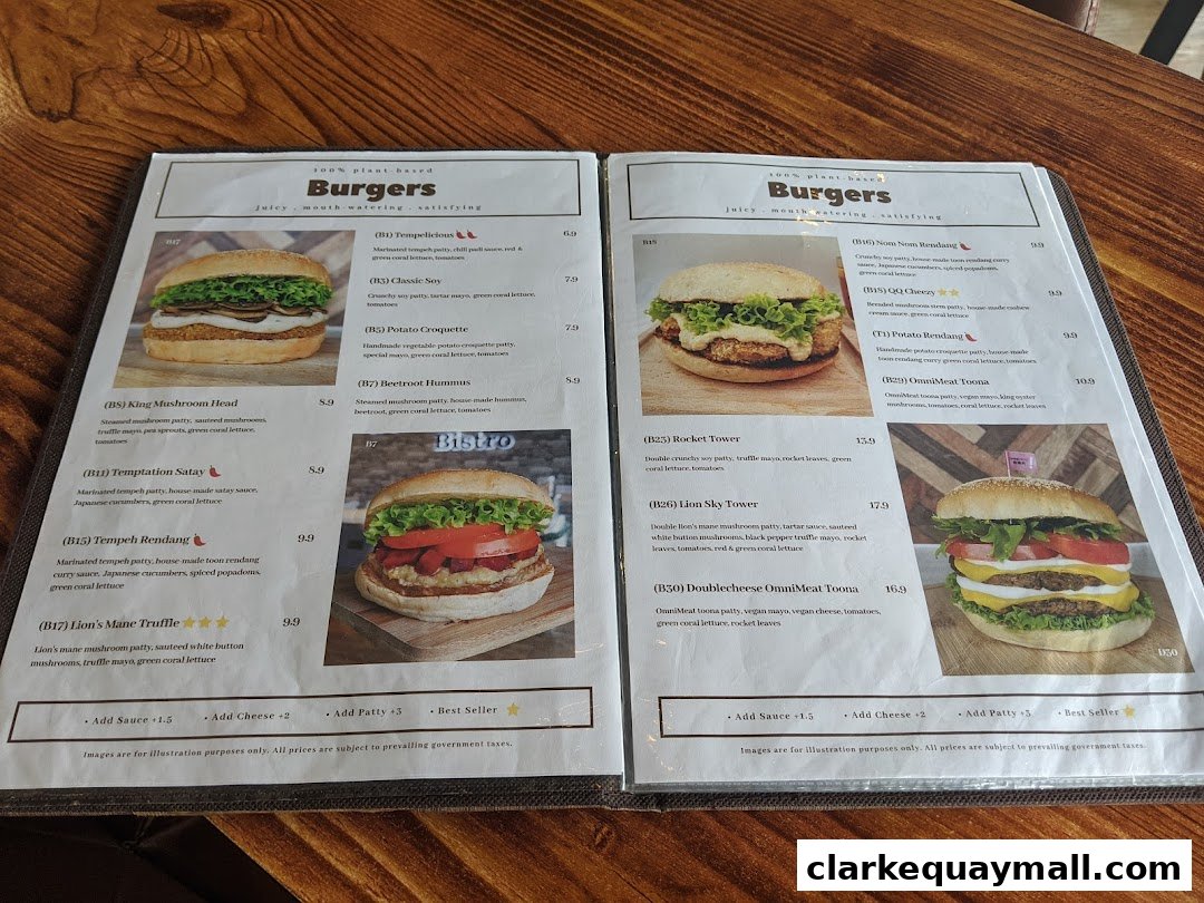 A menu featuring a variety of plant-based burgers with detailed descriptions and prices.