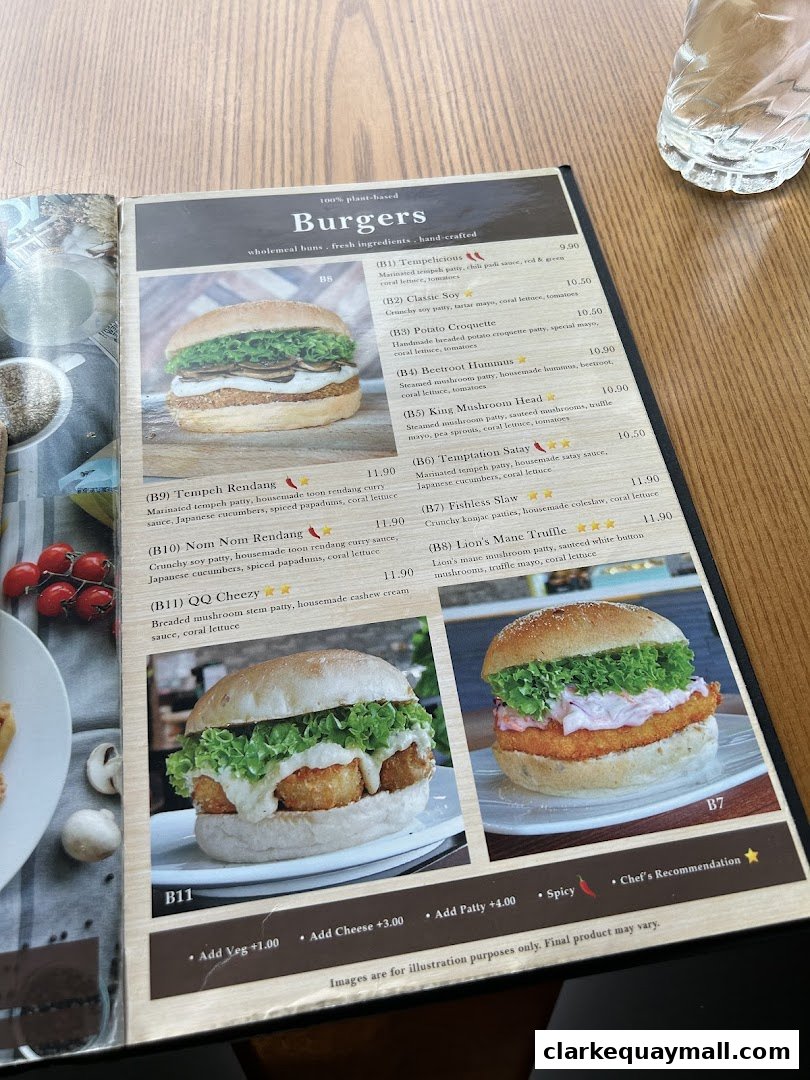 A menu page showcasing various plant-based burgers with enticing descriptions and prices.