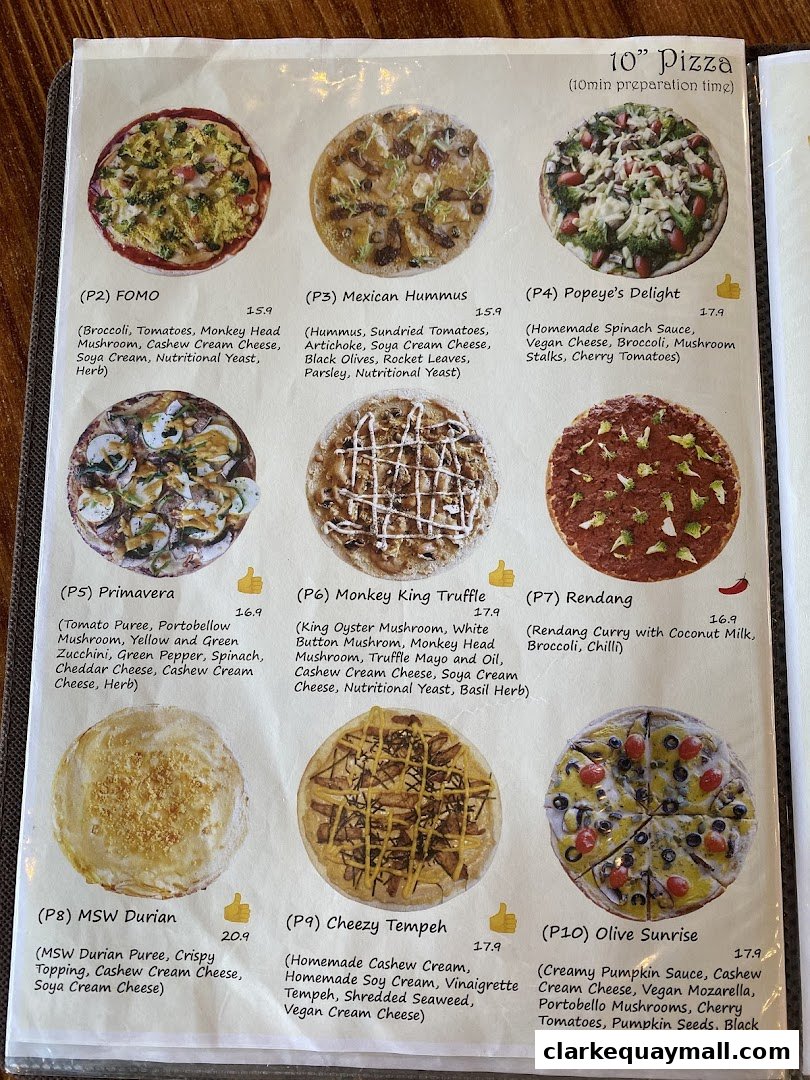 A menu page showcasing various 10-inch pizzas with their ingredients and prices.