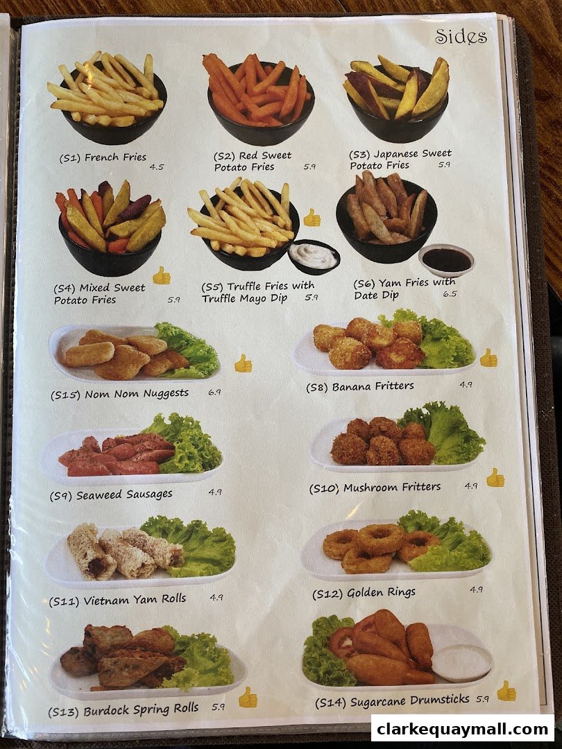 A menu page showcasing various side dishes, primarily fries and fried snacks, with prices.