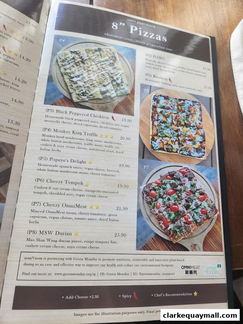 A menu page showcasing 8-inch plant-based pizzas with descriptions and prices.