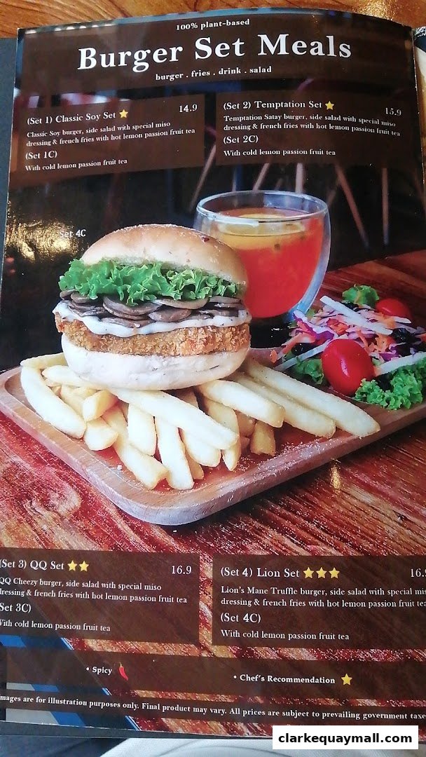 A menu featuring plant-based burger set meals with fries, salad, and drink.