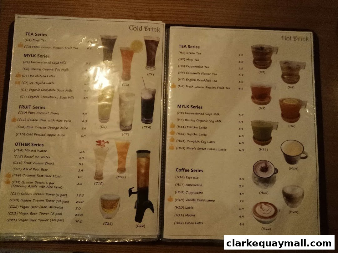 A menu with two columns displaying cold and hot drinks with prices and images.