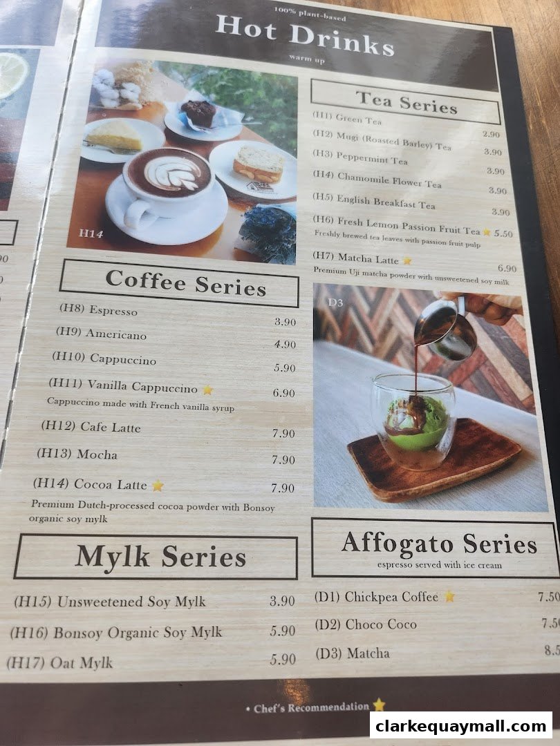 A menu featuring hot drinks, coffee, mylk, and affogato series with prices.
