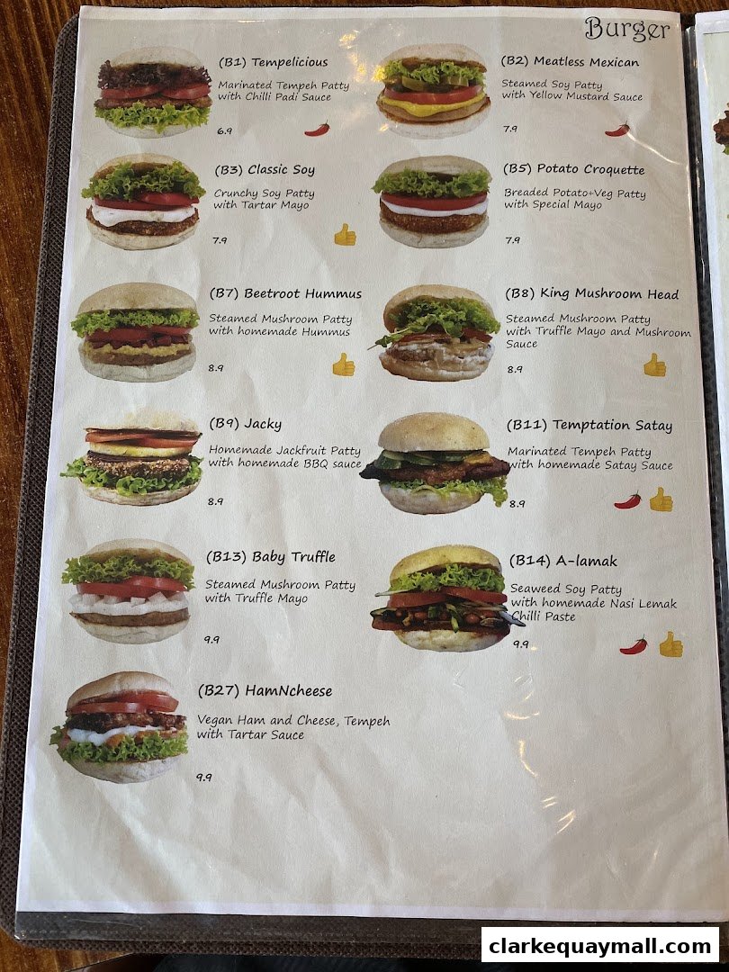 A menu page showcasing various gourmet burgers with detailed descriptions and prices.