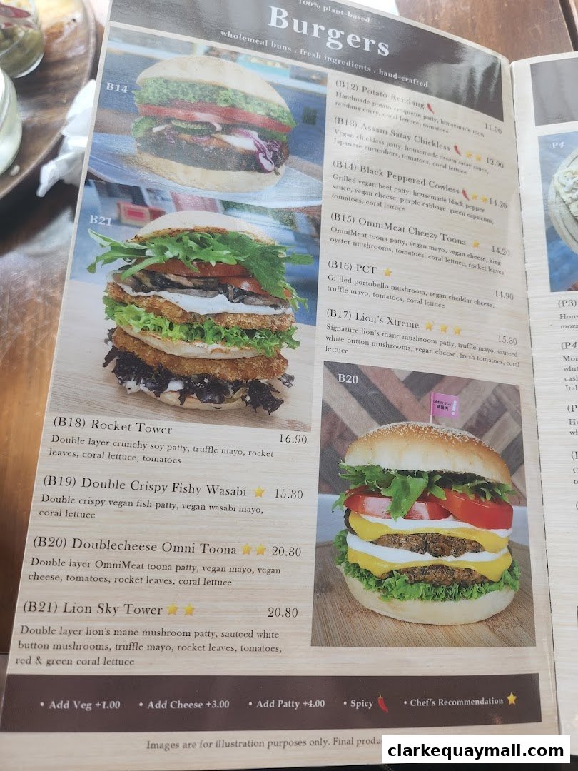 A menu page from nomVnom Bistro featuring a variety of plant-based burgers with detailed descriptions and prices.