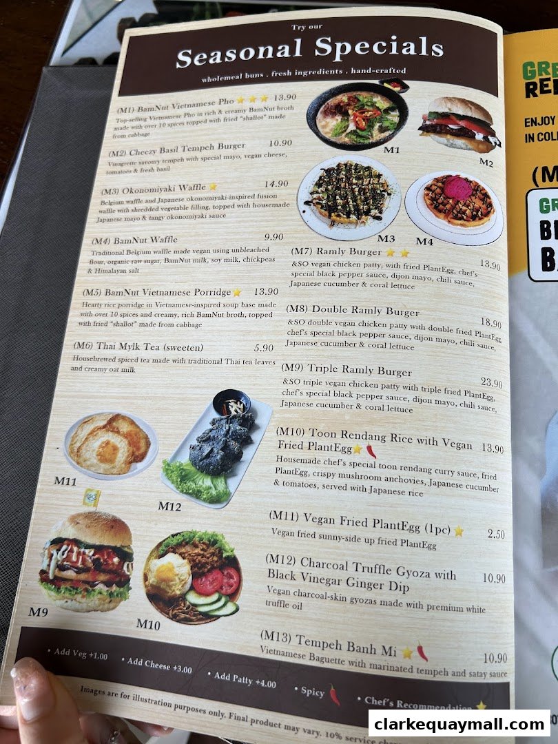 A menu page showcasing seasonal specials with vibrant food photography and descriptions.