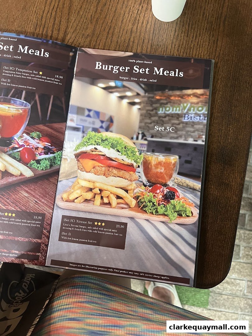 A menu featuring plant-based burger set meals with sides and drinks.