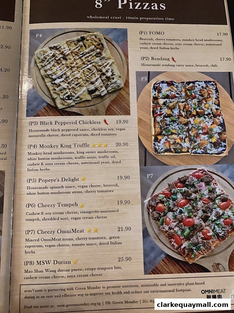 A menu page showcasing various 8-inch pizzas with detailed descriptions and prices.