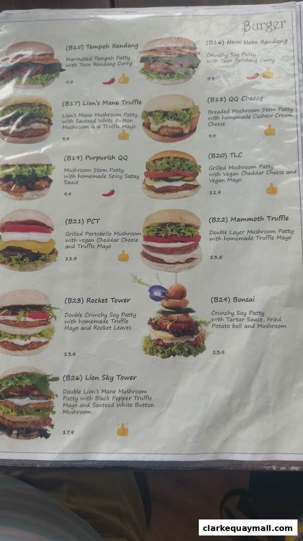 A menu page showcasing various gourmet burgers with detailed descriptions and prices.