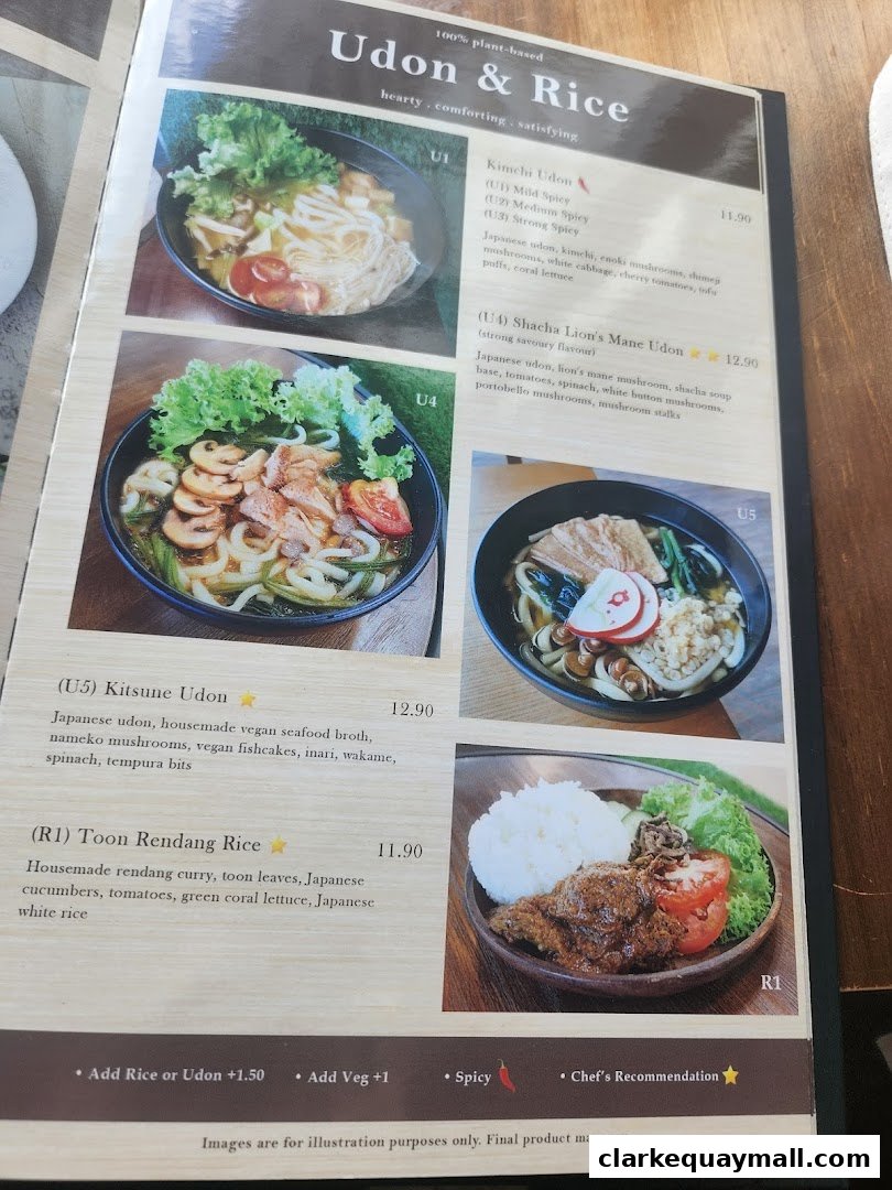 A menu featuring plant-based Udon and Rice dishes with enticing descriptions and prices.
