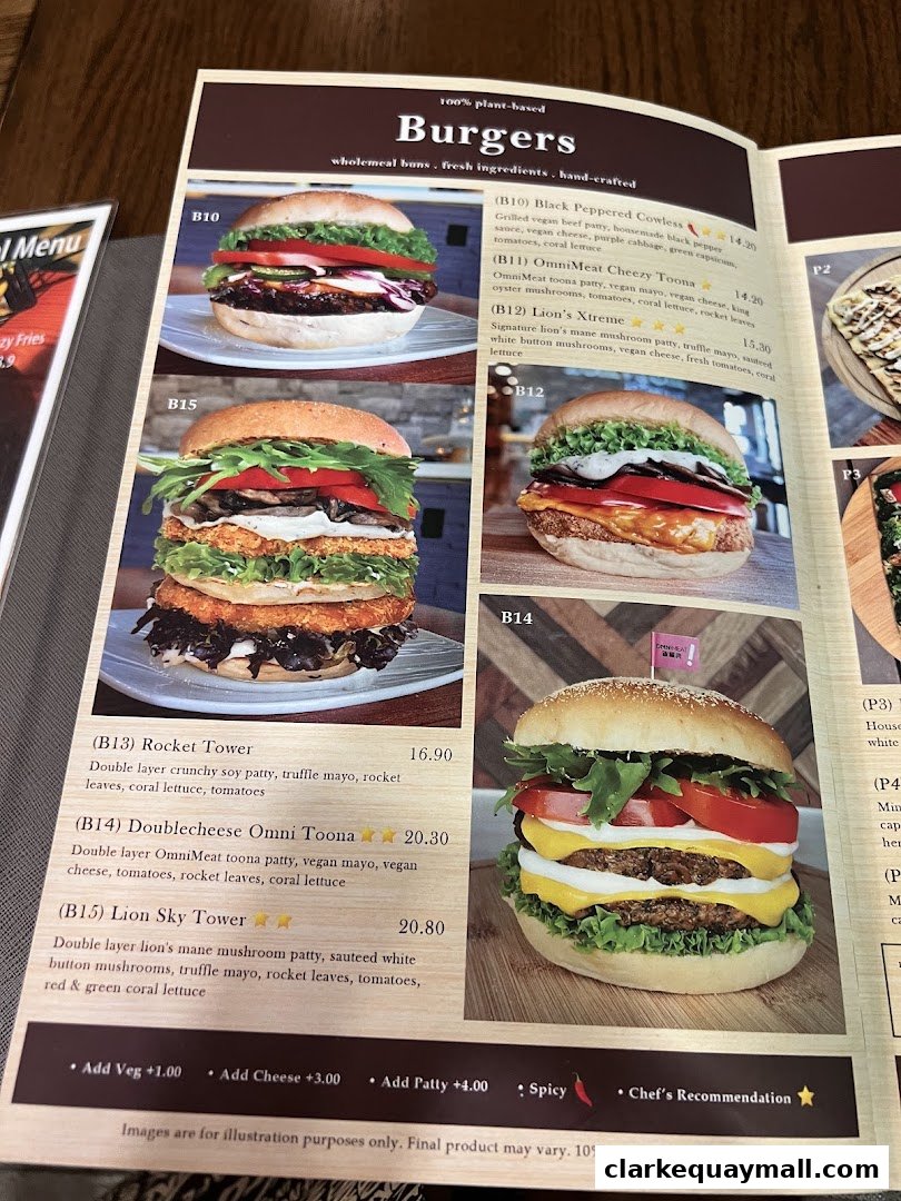 A menu page showcasing various plant-based burgers with detailed descriptions and prices.